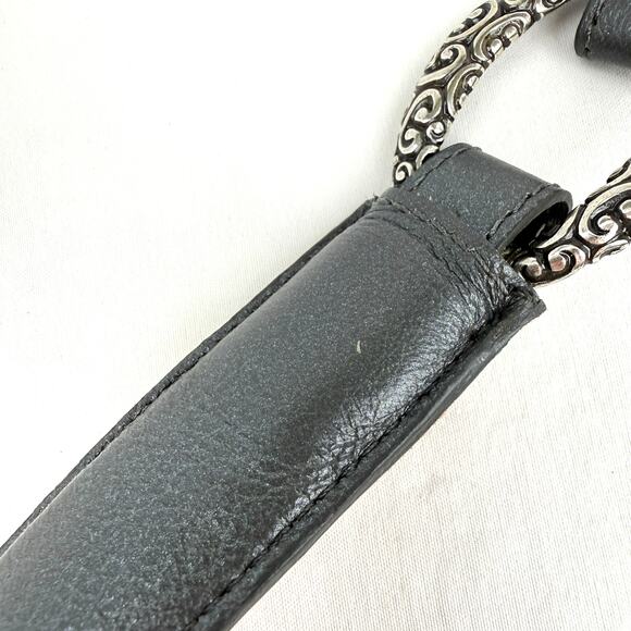 Brighton Pewter Gray Leather Belt Silver Tone Scroll Buckle Oval Concho 36 - Picture 11 of 12
